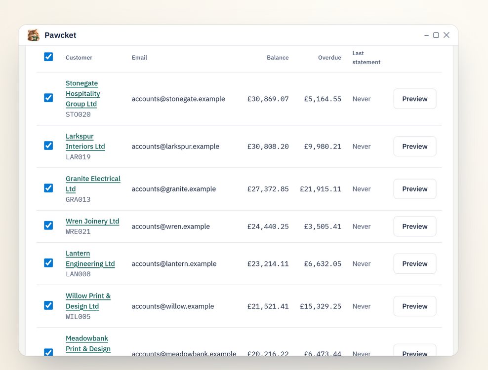 The Statements screen with a list of customers and their balances